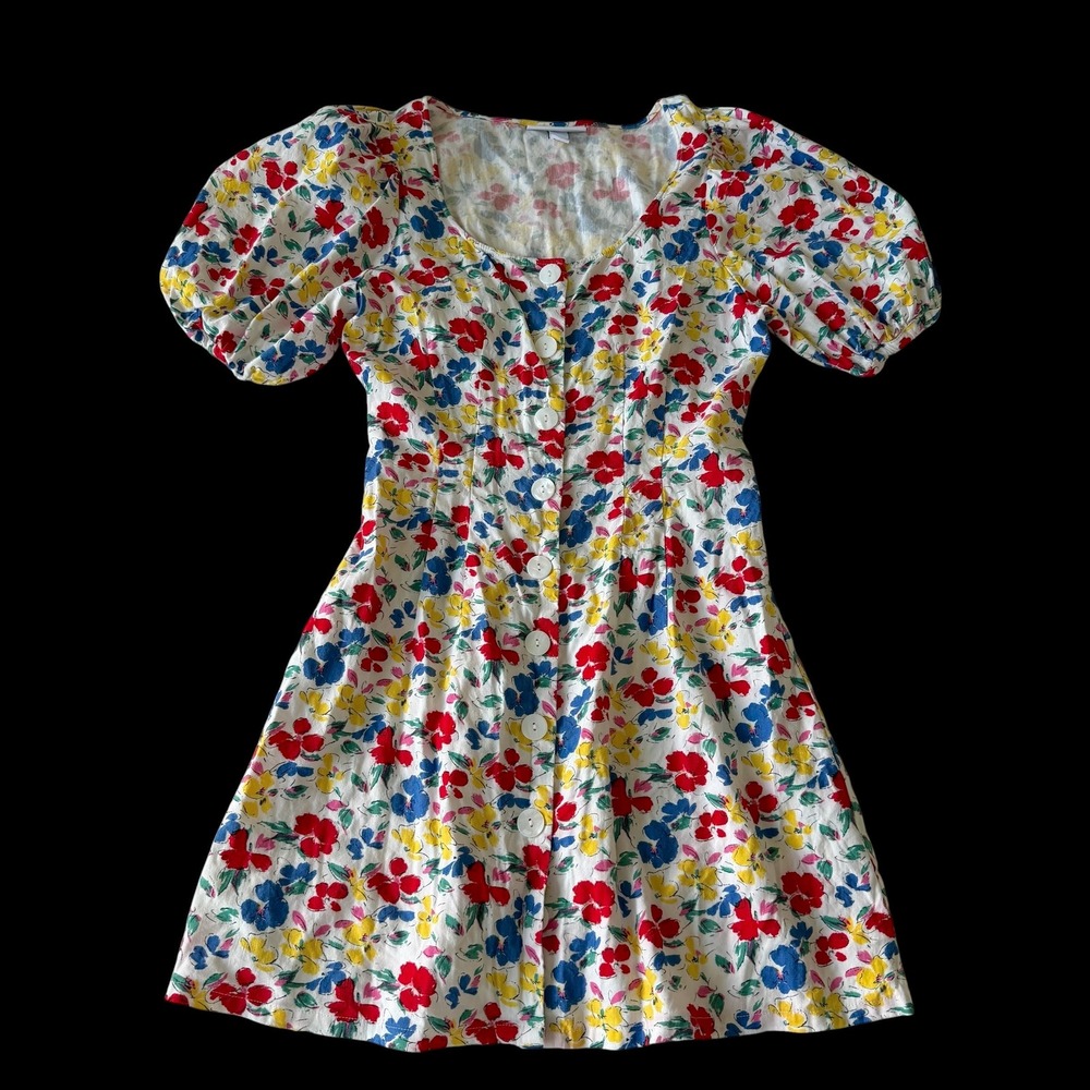 RIXO for Target Floral Puff Sleeve Mini Dress Button‎ Front Red Blue Yellow Sz 4
